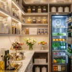 Organized walk-in pantry showcasing clever storage solutions for a clutter-free kitchen.