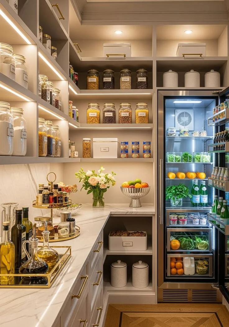 Organized walk-in pantry showcasing clever storage solutions for a clutter-free kitchen.