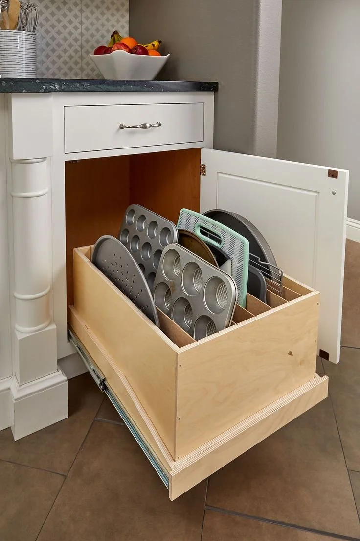 Adjustable vertical tray storage add-on for slide-out shelf organization