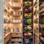Organized kitchen pantry with aesthetic storage solutions and functional arrangement.