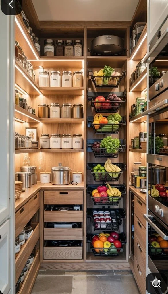 Organized kitchen pantry with aesthetic storage solutions and functional arrangement.
