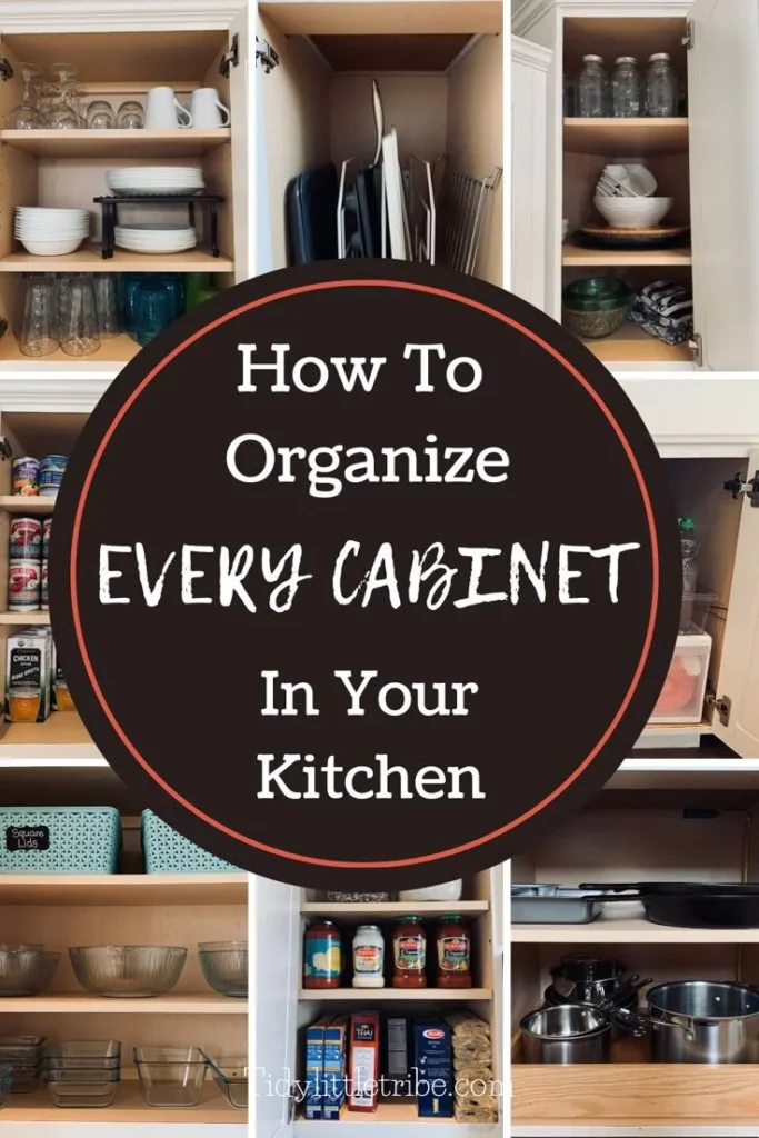 Organized kitchen cabinets with labeled containers and efficient storage solutions
