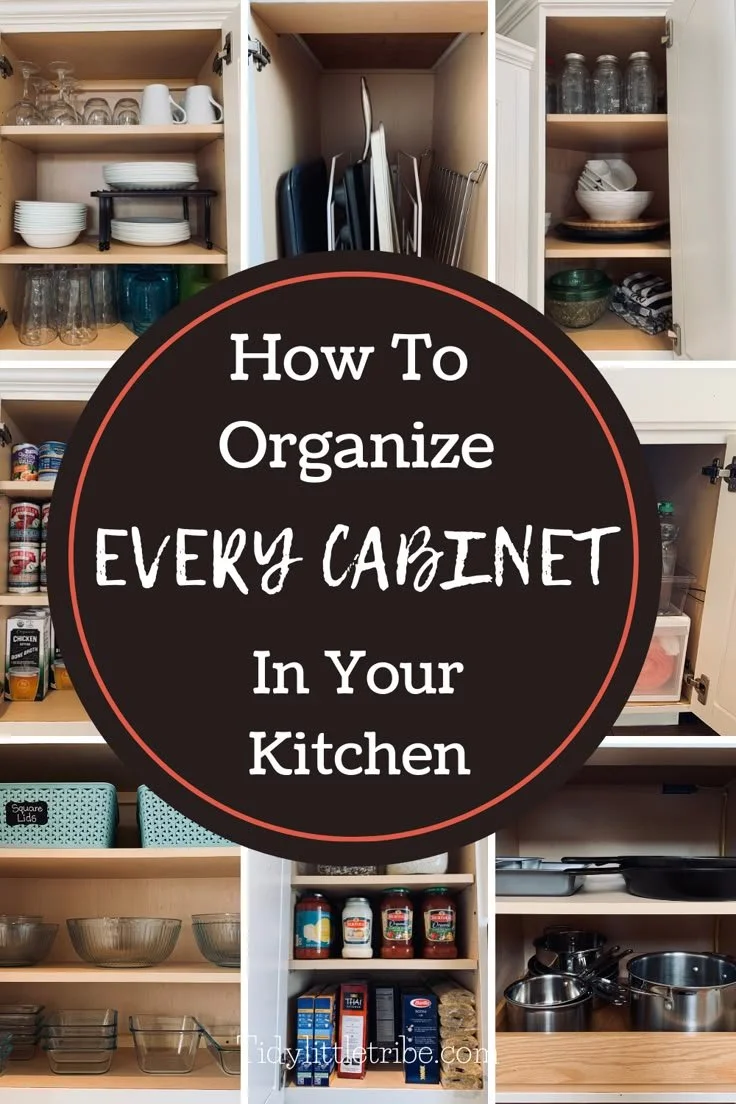 Organized kitchen cabinets with labeled containers and efficient storage solutions