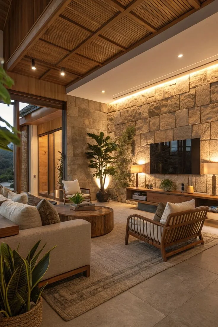 Modern earthy living room showcasing natural luxury with warm LED lighting.
