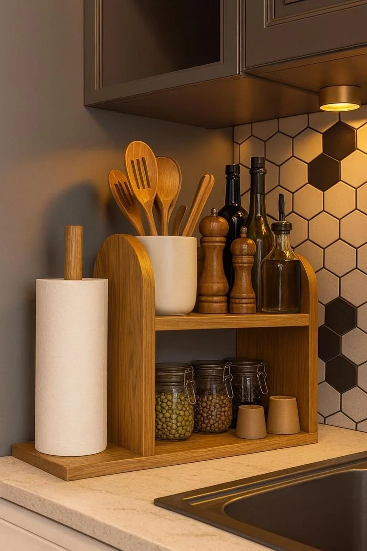 Wooden kitchen organizer shelf with spice rack and paper towel holder